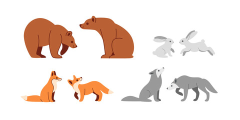 Icon set of forest animals. Cartoon silhouette of hare, fox, bear and wolf. Flat design illustration in cartoon style.