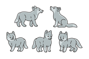 Cartoon wolf icon set. Cute animal character in different poses.