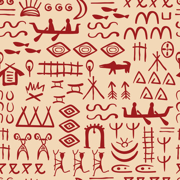 Ethnic tribal symbols and ornaments of indigenous peoples seamless pattern.