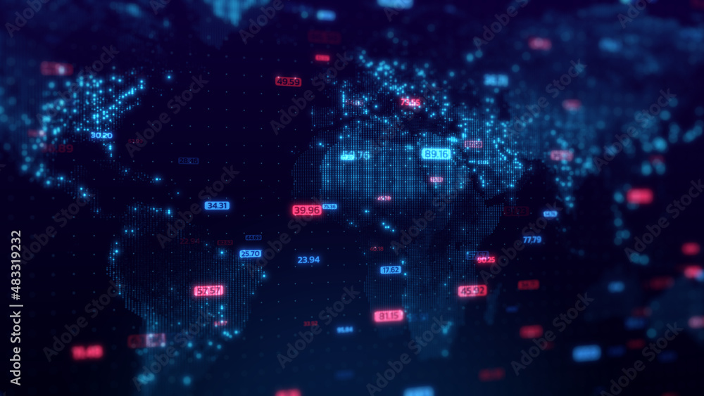 Poster world map technology background, big data visualization, digital grid business concept