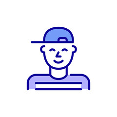 Boy wearing a baseball cap. Pixel perfect, editable stroke color avatar icon