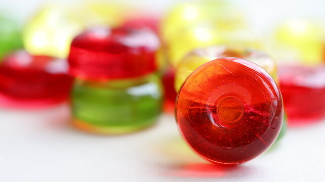 Red Hard Candy Isolated On White Background. Macro, Close Up. 