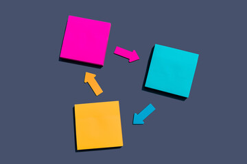 multi colored square sticky notes and colorful arrows on colorful background, top view. Blank space...