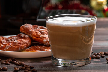 Morning breakfast cappuccino with pies on a wooden table. Morning coffee.