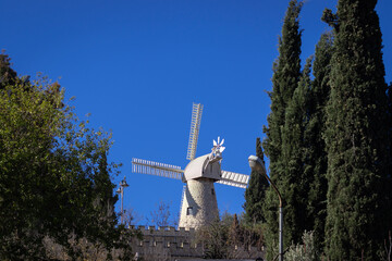 The famous ancient flour mill on Yemin Moshe in Jerusalem on the ancient walls