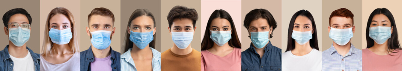 Coronavirus prevention concept. Collage of diverse people portraits wearing medical masks on color studio backgrounds