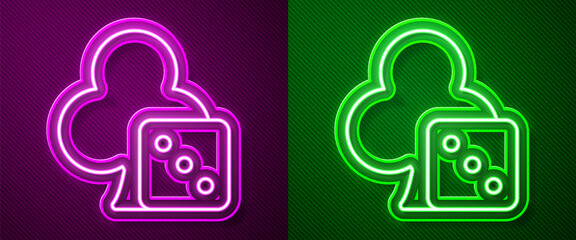 Glowing neon line Game dice icon isolated on purple and green background. Casino gambling. Vector