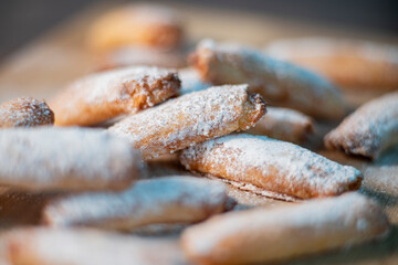 Homemade cookies with fruit jam and cottage cheese on a light wooden background. A close photo. Dessert for breakfast.