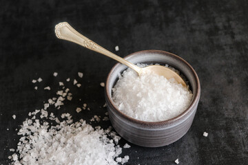 Flake sea salt in a bowl on dark background