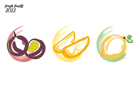 Fruit art crayon and watercolor lemon passion fruit and mango