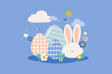 Obraz na płótnie Canvas Easter egg hunt poster invitation template vector in pastel color. Concept of Happy Easter egg hunt or egg decorating art.