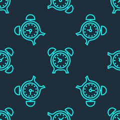 Green line Alarm clock icon isolated seamless pattern on blue background. Wake up, get up concept. Time sign. Vector
