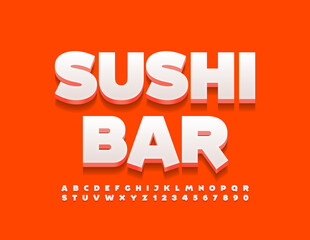 Vector stylish banner Sushi Bar. Trendy 3D Font. Modern Alphabet Letters and Numbers set