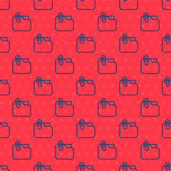 Blue line Document folder with paper clip icon isolated seamless pattern on red background. Accounting binder symbol. Bookkeeping management. Vector