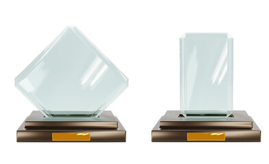 3d render, realistic set glass award trophy or winner prize on wooden pedestal, front view. Mockup blank crystal rhombus plate or clear rectangular acrylic frame isolated on white background