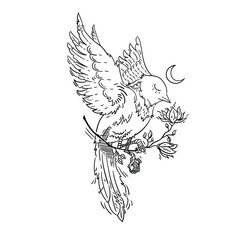 Beautiful sketch of a bird with floral blossom. Vector bird illustration. 