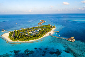 Aerial view, Asia, Indian Ocean, Maldives, Lhaviyani Atoll, Hurawalhi Island resort with beaches...