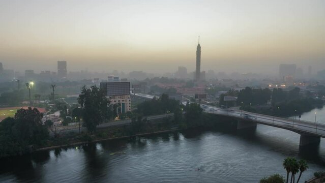 Timelapse of Cairo and the Nile at dusk. Egypt.