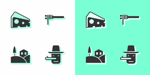 Set Pinocchio, Cheese, Village landscape and Pasta spaghetti icon. Vector