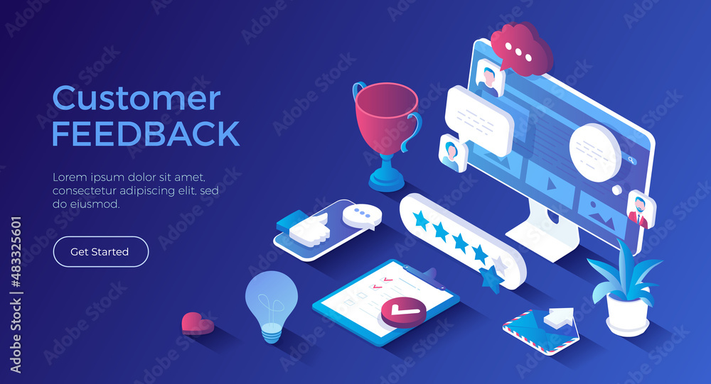 Poster customer feedback. five star feedback, site rating, high-ranking concept. different reviews and comm