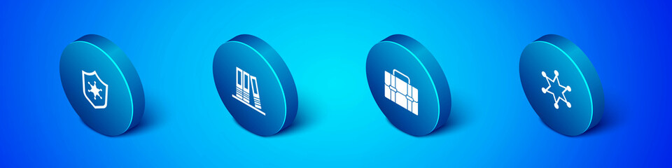 Set Isometric Police badge, Briefcase, Hexagram sheriff and Office folders icon. Vector