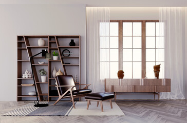 3d rendering,3d illustration, Interior Scene and  Mockup,Reading corner, armchair and leg rests upholstered in black leather, dark wood body.