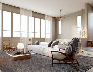 3d rendering,3d illustration, Interior Scene and  Mockup,Modern style living area, loft style plaster wall, white sofa, dark wood armchair.