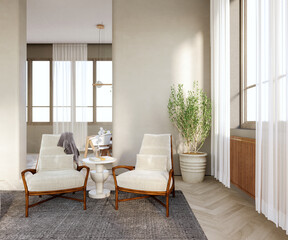 3d rendering,3d illustration, Interior Scene and  Mockup,Two white corner armchairs, wooden legs and a weave pattern on the back of a white stone side table, dark gray carpet.