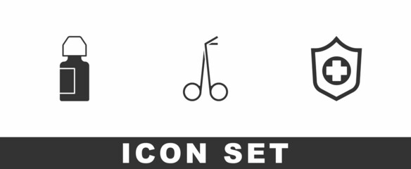 Set Eye drop bottle, Medical scissors and Life insurance in hand icon. Vector