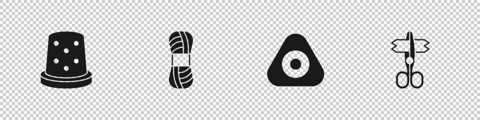 Set Thimble for sewing, Yarn, Sewing chalk and Scissors icon. Vector