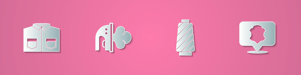 Set paper cut Shirt, Electric iron, Sewing thread spool and Leather icon. Paper art style. Vector