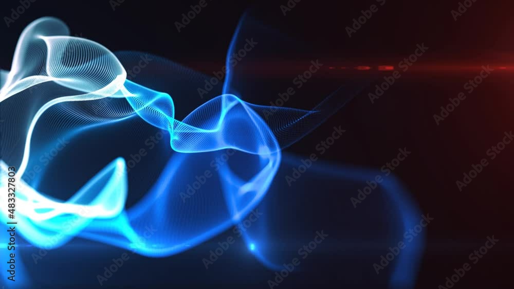 Poster Blue abstract technology and big data motion background. Digital particles smooth wave animation. Seamless loop. Depth of field settings. 3D rendering