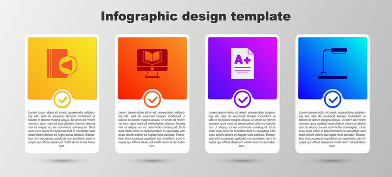 Set Audio book, Online class, Exam sheet with plus grade and Table lamp. Business infographic template. Vector
