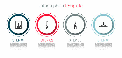 Set Mourning photo frame, Shovel, Church building and Holy bible book. Business infographic template. Vector