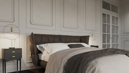 Luxury bed room apartment design. 3D render. Interior visualization. Illustration.