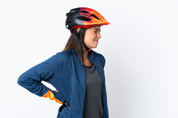 Young cyclist brazilian girl isolated on white  background suffering from backache for having made an effort