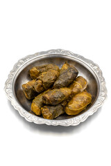 Meat leaf wrapping. Traditional Mediterranean flavor. Wrapped leaves with yogurt on a white background. local name etli yaprak sarma