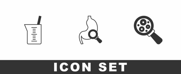 Set Laboratory glassware or beaker, Stomach with magnifying and Microorganisms under magnifier icon. Vector