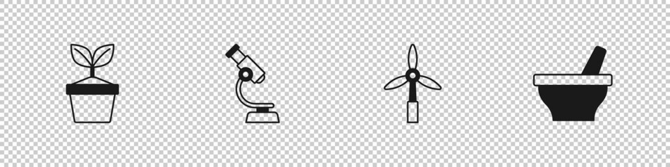 Set Plant in pot, Microscope, Wind turbine and Mortar and pestle icon. Vector