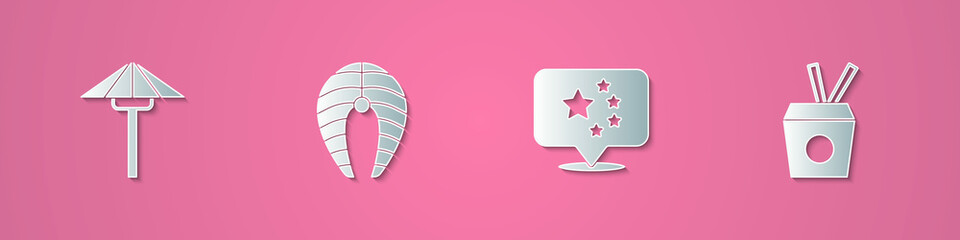 Set paper cut Japanese umbrella from the sun, Fish steak, China flag and Noodles box and chopsticks icon. Paper art style. Vector