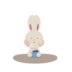 Illustration of a rabbit relaxing drinking cocoa