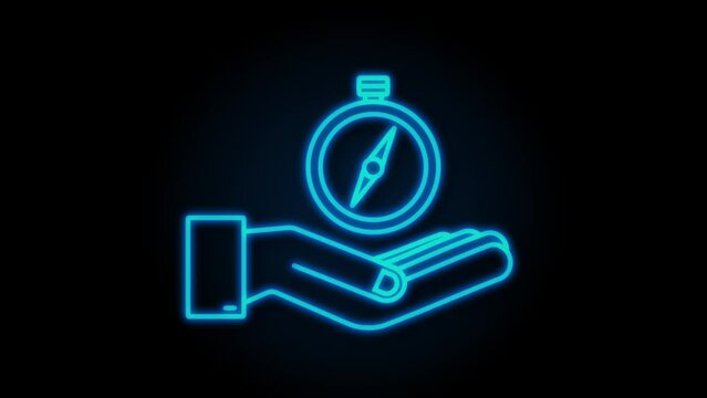 Compass icon over hands. Neon navigation symbol. motion graphic
