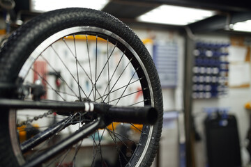 Fototapeta na wymiar Wheel of BMX bike in workshop
