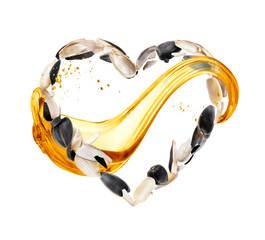 Crushed sunflower seeds in the air in the shape of a heart with splash of oil