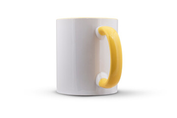 white mug with a yellow handle isolated on white background