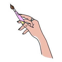 Hand with a brush. The artist draws. Line art. Minimalistic style. Design element. Print for notebooks, notebooks, clothes, dishes, bags, t-shirts, cases, packaging. Vector illustration. Isolated.