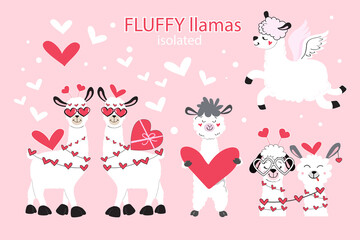 Valentine's day with love llamas collection. Vector illustration isolated