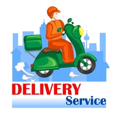 Fast delivery man with motorcycles. Customers ordering on mobile application,The motorcyclist goes according to the GPS map,The background is blue and gray with buildings and trees...