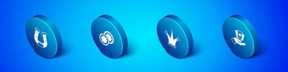 Set Isometric Horseshoe, Joker playing card, Hand holding cards and Casino chips icon. Vector