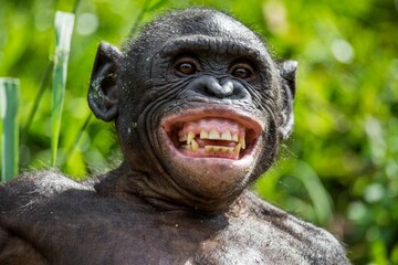  At a short distance close up portrait of Bonobo with smile. The Bonobo ( Pan paniscus),